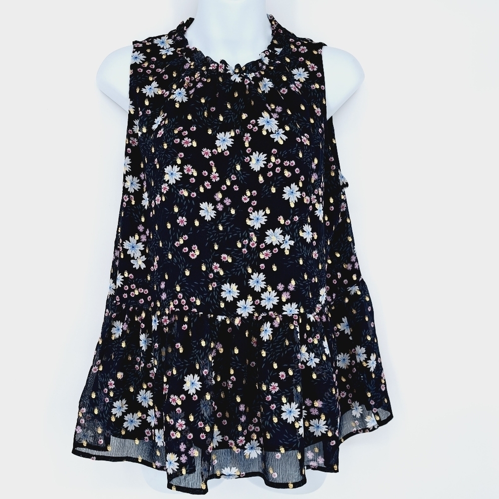 Loft Floral Tiered Chiffon‎ Metallic Dot Ruffle Neckline Flowy Blouse - Picture 9 of 9
